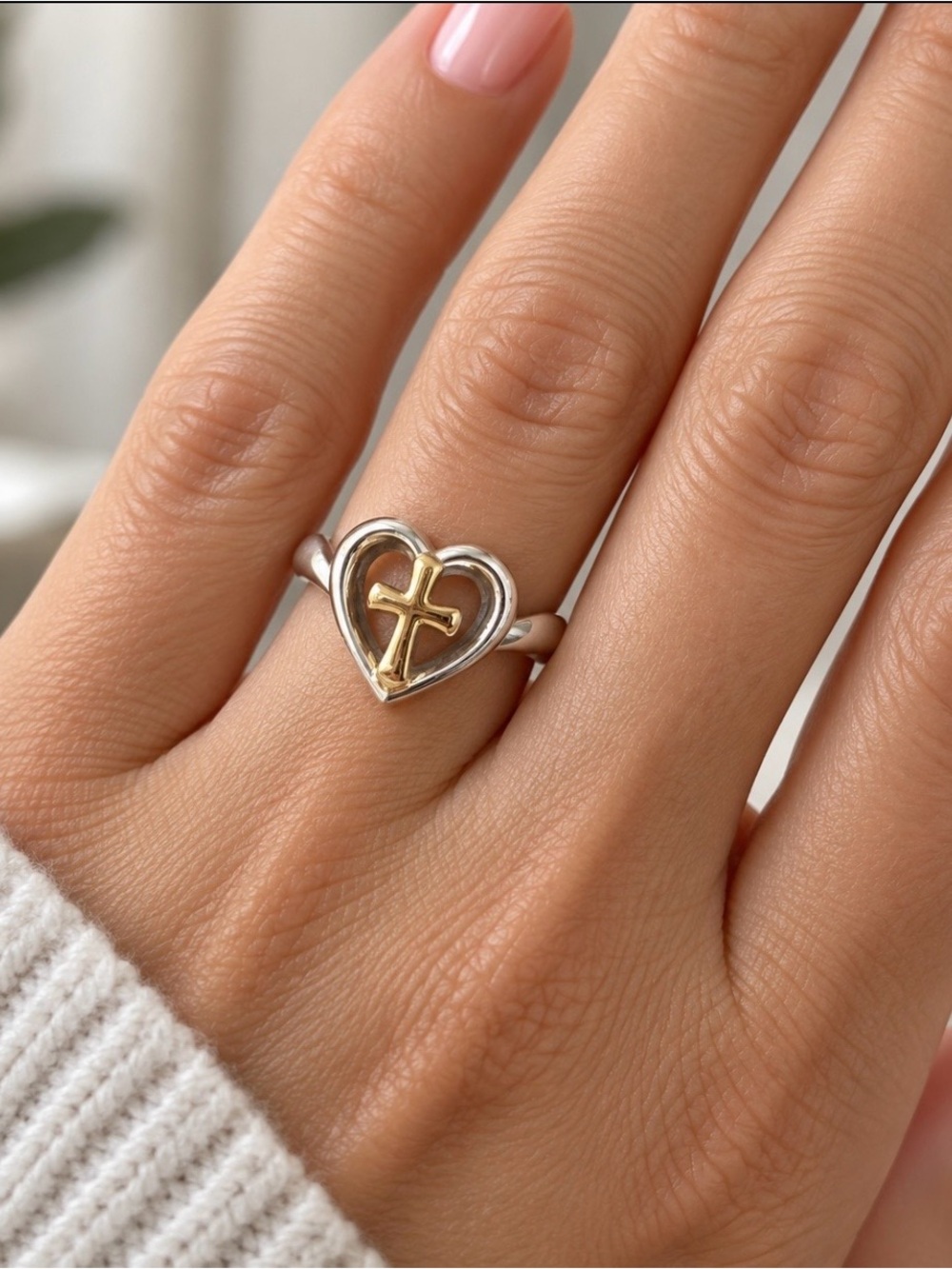 Retired James Avery Two-Tone Heart Ring with 14K Gold Cross Petite Size 4
